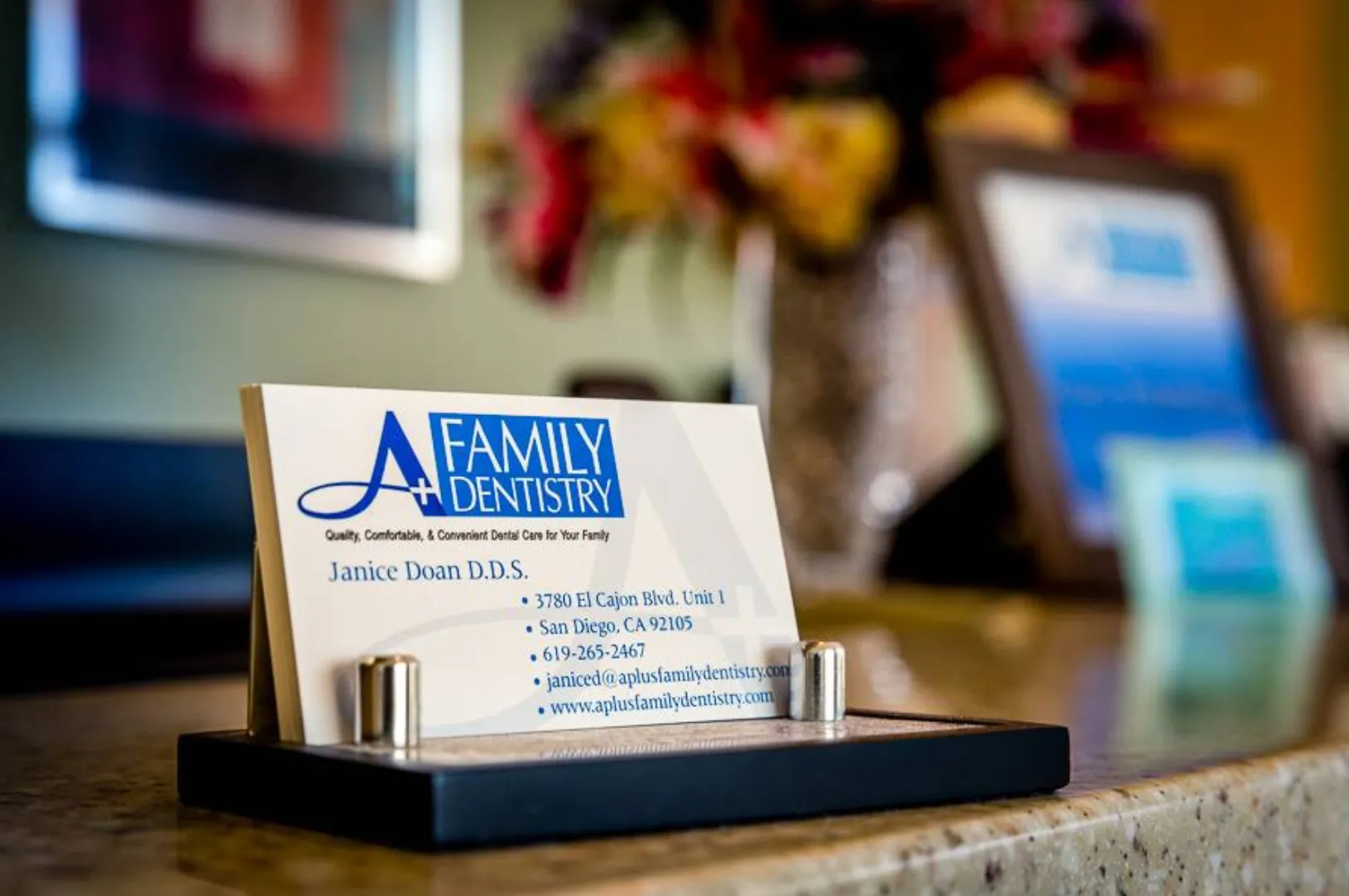 A+ Family Dentistry branded reception detail